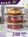 Набор пищевых контейнеров для еды ELEY из жаропрочного стекла 3 штуки с крышкой из акации: 520 мл, 800 мл и 1200 мл