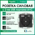 Розетка силовая со шторками 16А с 2 USB A+C 5В/2.4А//3.0А, 2х5В/1,5А карбон Schneider Electric Atlas Design ATN001032
