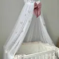 Балдахин длинный из фатина белый (белоснежный) цвета, объемный, 180*600 см с бабочками и бантом