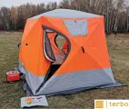 Утепленная зимняя палатка шатер для рыбалки Terbo-Mir Куб 1, трехслойная, размеры 2,4 х 2,4 х 2,2 м, оранжевая