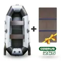 Лодка ПВХ по мотор надувная для рыбалки OZERUS 245 + слань жесткий пол в комплекте, гребная двухместная , крепления под транец, серо-черная