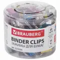 Зажимы для бумаг металлические Brauberg (19мм, до 60 листов, цвет металлик) в пластиковом цилиндре, 40шт. (223504), 12 уп.