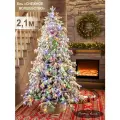 Елка искусственная новогодняя заснеженная узкая с гирляндой литая+ПВХ 210 см, ель на Рождество высокая для помещений, Поезд Ёлок