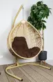 Подвесное кресло капля люкс, с ротангом бежевое, коричневая подушка
