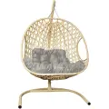 Подвесное кресло M-group для двоих люкс с ротангом бежевое, серая подушка