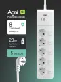 Сетевой фильтр с выключателем для каждой розетки AGNI, 5 розеток 220В, 2 USB 1 Type-C, 4000Вт / 16А, кабель 5 м