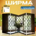 Ширма Окно, букет цветов, подсветка раскладная перегородка для зонирования с принтом на холсте