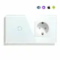 Сенсорный выключатель WiFi 1 клавиша 1 розетка 2 поста (1G+1EU) стекло 157х86мм цвет белый