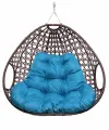Подвесное кресло для двоих люкс, с ротангом, коричневый, голубая подушка (без стойки)