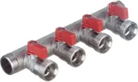 Коллектор Henco 3/4 ВР(г) х 4 выхода 3/4 НР(ш) ЕК х 3/4 НР(ш) с шаровыми кранами (VB050504-ROOD)
