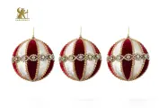 Набор из 3-х бордово-белых шаров со стразами и жемчужинами 10 см