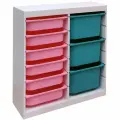 Белый стеллаж труфаст 87х30х91 вертикальный двойной с розовыми (6 шт) и бирюзовыми (3 шт) контейнерами
