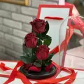 Трио «Премиум» бордовые розы в колбе - живет 5 лет! В подарочной коробке с вау-эффектом/27 см