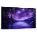 Картина на холсте интерьерная 100х60 см, Ночное небо, фиолетовый звездопад, озеро, масляная картина, мерцающие звезды