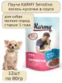 KARMY Sensitive влажный корм для собак мелких пород с чувствительным пищеварением старше 1 года Лосось кусочки в соусе 80г*12шт