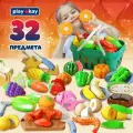 Фрукты и овощи на липучке Play Okay, 32 предмета, игрушечные продукты с кухонными принадлежностями для нарезки еды и корзинкой, детские / Набор игровой