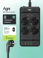 Сетевой фильтр, AGNI, 4 розетки + 3 USB и 1 TYPE-C, удлинитель 2м, с предохранителем