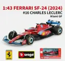 Металлическая коллекционная модель Bburago болида Феррари. Гонщик Шарль Леклер (Charles Leclerc Ferrari SF-24 Miami GP №16) Формула-1, Гран-При Майами сезона 2024. Масштаб 1:43