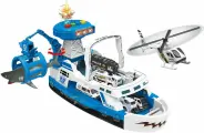Парковка детская Полицейский катер со световыми и звуковыми эффектами, с подвижным трапом и краном, в наборе машинка, вертолет и акула, работает от батареек