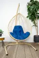 Подвесное кресло капля, с ротангом бежевое, синяя подушка