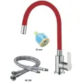 Смеситель для кухни OUTE из нержавеющей стали SUS 304 цвет матовый хром с красным гибким силиконовым изливом.