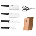 Набор стальных ножей (4 ножа + ножницы + деревянная подставка из сосны) HuoHou 6-Piece Kitchen Knife Set Lite (HU0058), русская версия, черный
