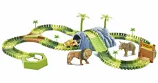 Гибкий трек со светящейся зверь - машинкой и животными 1TOY Сафари, гоночная трасса, дорога, автотрек, 187 деталей