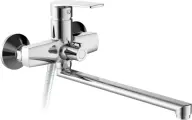 Смеситель с длинным изливом для ванны Haiba HB22587 с душевым гарнитуром, поворотный, латунный, хром, глянцевый, смеситель для ванны с душем, рычажный, с настенным держателем