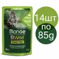 Влажный корм Monge Cat BWild GRAIN FREE паучи для стерилизованных кошек, беззерновой , со вкусом мяса кабана и овощей (14шт по 85г)