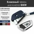 Кожаный чехол для ключа BMW. Со съемным хлястиком. Синий