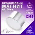 Магнит неодимовый мощный 60х30 мм N52, сила сцепления 175 кг, серебристый