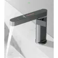 Смеситель для раковины с термостатом и с датчиком температуры и с подсветкой с длинным изливом серый