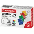Зажимы для бумаг металлические Brauberg (25мм, до 100 листов, цветные) в картонной коробке, 12шт. (224471), 12 уп.