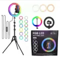 Кольцевая лампа LED RGB 33см питание от USB пульт селфи кнопка регулировка яркости цвета 31 режима + штатив металл 220см