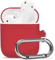 Силиконовый чехол на беспроводные наушники Apple AirPods 1 и 2 с карабином / Противоударный чехол для кейса на Эпл Аирподс 1 и 2 / Красный
