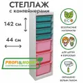 Белый стеллаж труфаст 44х30х142 с бирюзовыми (4 шт) и розовыми (3 шт) контейнерами