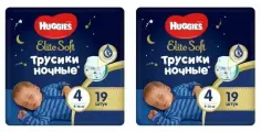 HUGGIES Трусики-Подгузники Элит Софт 4, ночные, 9-14 кг, 19 шт, 2 упаковки