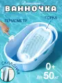 Большая детская ванночка (купель) для купания новорожденных и малышей, складная, синяя, с термометром, 78х46х23 см