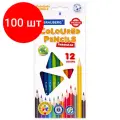 Комплект 100 шт, Карандаши цветные пластиковые BRAUBERG PREMIUM, 12 цветов, трехгранные, грифель мягкий 3 мм, 181661