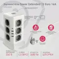Удлинитель ROCKETSOCKET Tower Extended 12 Euro 16A, 4 USB 3A+C с блоком 5В/3.4А, кабель 2,0 м цвет белый GNS5004