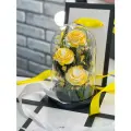 Композиция в стекле мини Поцелуй солнца из бело-желтых роз в подарочной коробке с вау-эффектом /22 см Живет 5 лет