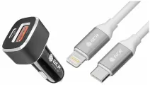 GCR Комплект автомобильное зарядное устройство на 2 USB порта QC3.0 + PD18W [TypeA + TypeC] + кабель 1.0m TypeC/Lightning, белый