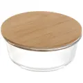 Контейнер стеклянный 900мл «Хай-Тек», круглый, с бамбуковой крышкой, герметичный
