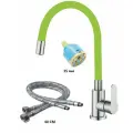 Смеситель для кухни OUTE из нержавеющей стали SUS 304 цвет матовый хром с салатовым гибким силиконовым изливом