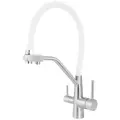Смеситель для кухни с подключением под фильтр для питьевой воды, со съемным гибким изливом, высокий, поворотный, нержавеющая сталь, белый, сатин