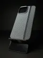 Чехол Айфон 15 Про Макс из Кевлара / чехол на iPhone 15 Pro Max с MagSafe LUXO Life+, черно-белый с полосой, карбоновый