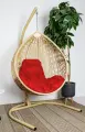 Подвесное кресло капля люкс, с ротангом бежевое, красная подушка