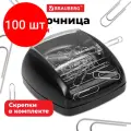 Комплект 100 шт, Скрепочница магнитная BRAUBERG с 30 скрепками, роликовый механизм подачи, черная, 225188