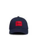 Кепка из хлопкового твила с красным логотипом, тёмно-синяя, твёрдый лоб.