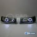 Фары ВАЗ 2110, 2111, 2112 квадратные би линзы с ангельскими глазками, черная маска (тонированные поворотники) ВАЗ 2110-2112